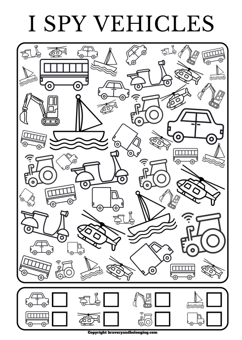 Free vehicles i spy printable coloring pages for kids