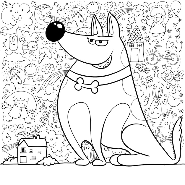 Premium vector black and white coloring pages for kids a big dog with a sly face standing near a small house there is a picture drawn by a child in the