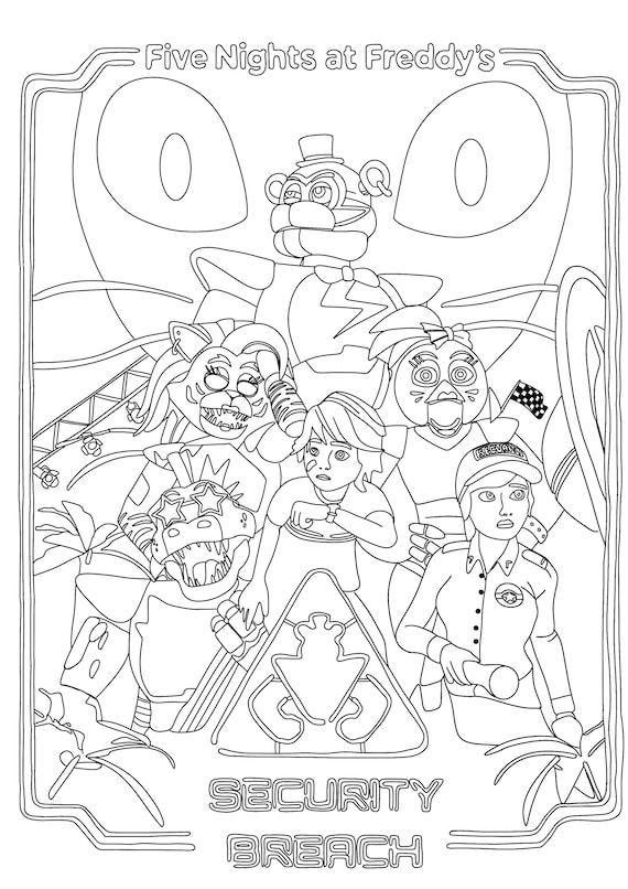 A digital downloadable adult colouring page fnaf security breach group