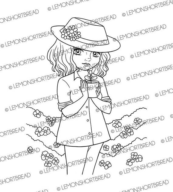 Digital stamps seedling gardening girl digi coloring page spring summer garden floral flowers well wishes