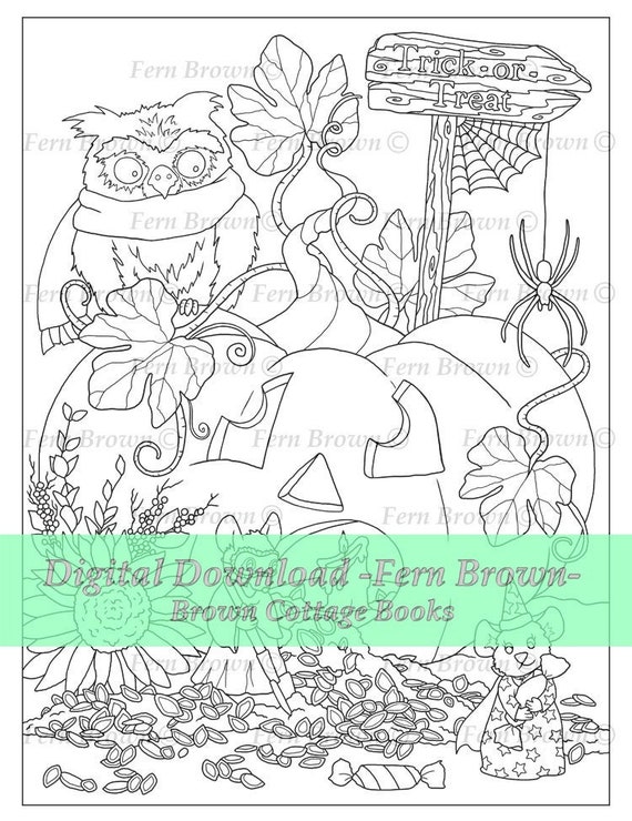 Halloween coloring page pumpkins owls mice instant download line art mouse pumpkin seeds by fern brown hand