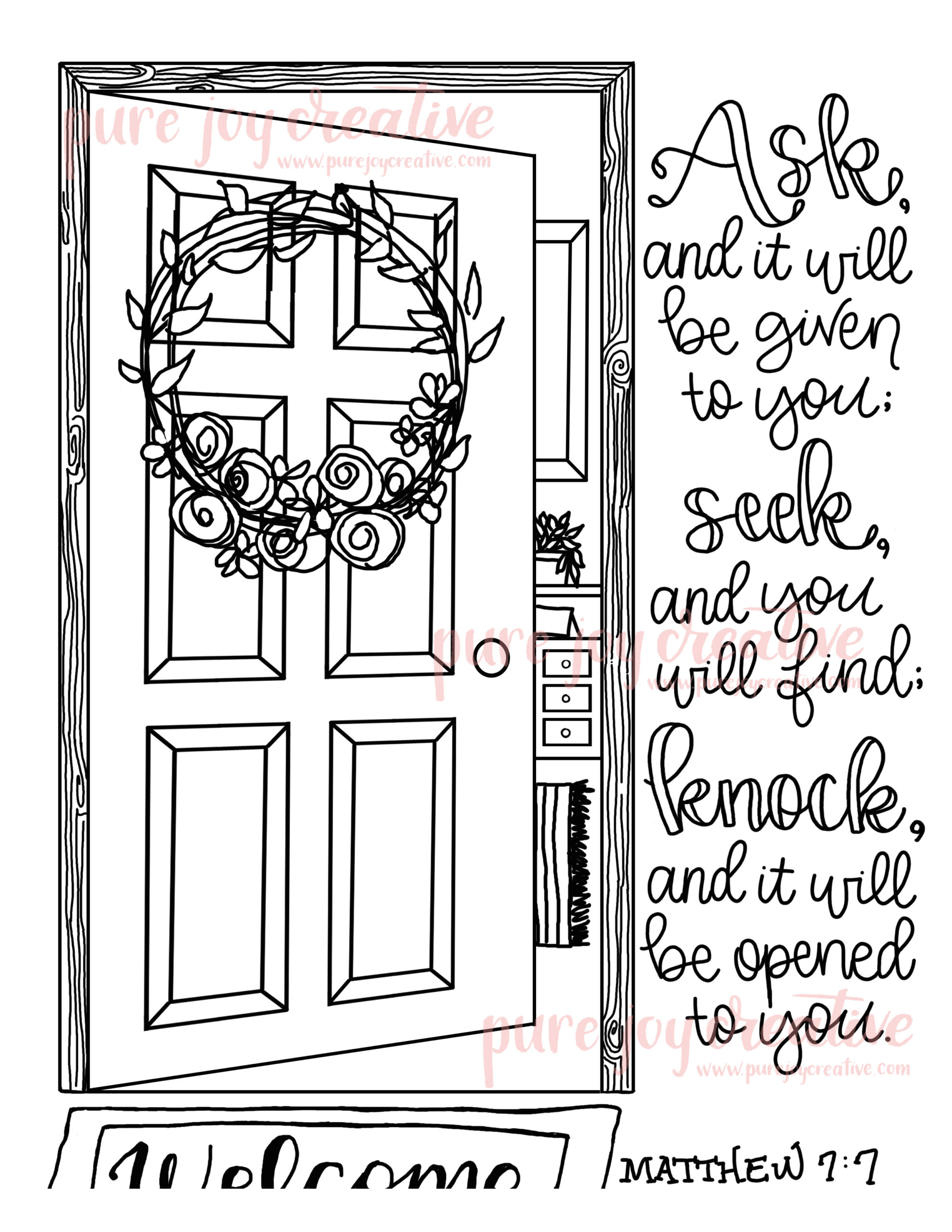 Ask seek knock coloring page bible verse art coloring book art scripture art matthew art visual faith art faith coloring