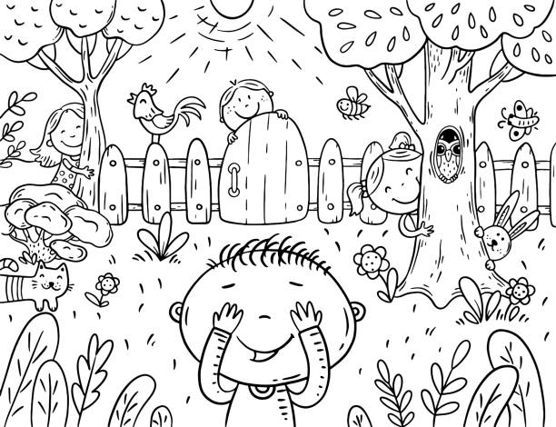 Cartoon children playing hide and seek in the garden coloring page stock illustration