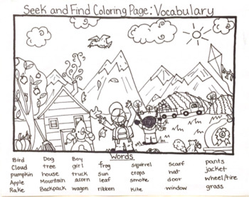 Seek and find coloring page vocabulary by megan johnson tpt