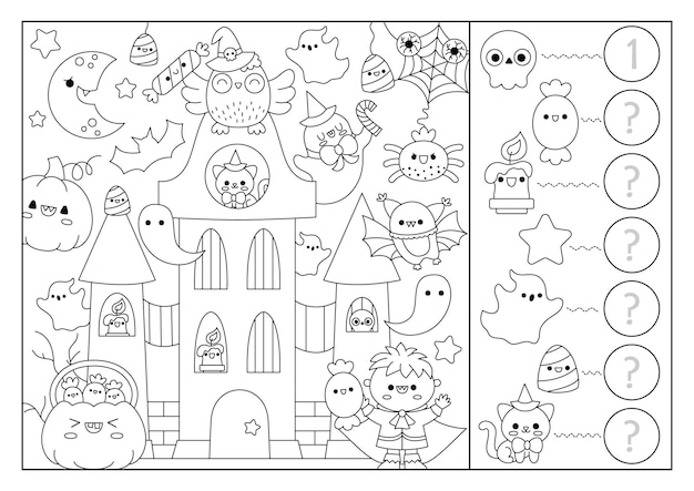 Premium vector vector black and white halloween searching game with haunted house and kawaii characters spot hidden objects say how many simple autumn holiday seek and find counting coloring page