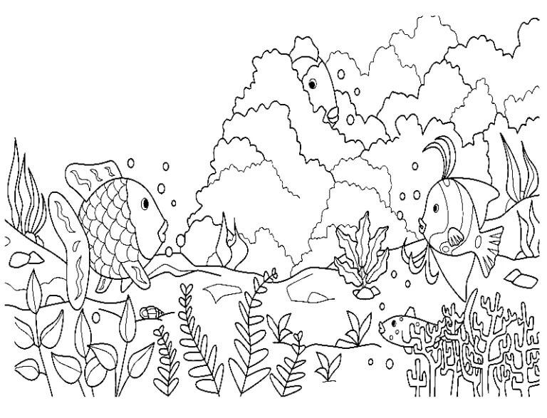 Rainbow fish playing hide and seek coloring page