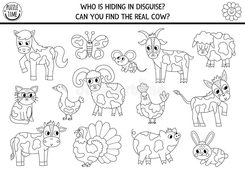 On the farm hide and seek game black and white farm matching activity for kids seek and find coloring page stock vector