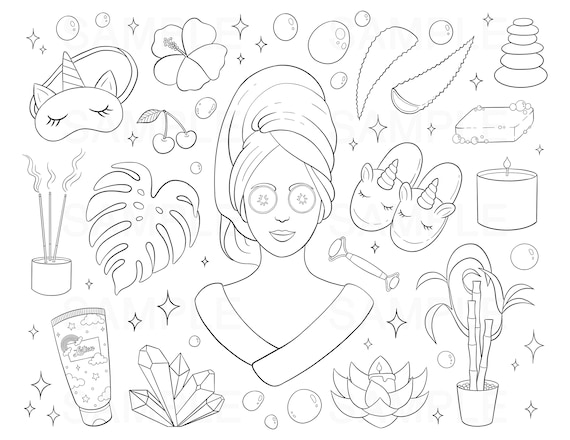 Spa day printable coloring page self care coloring page self love digital adult coloring page line art relaxing transparent png jpeg