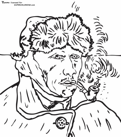 Self portrait with bandaged ear by vincent van gogh coloring page free printable coloring pages