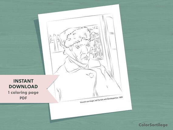 Vincent van gogh self portrait coloring page pdf page printable digital download adult coloring famous artist