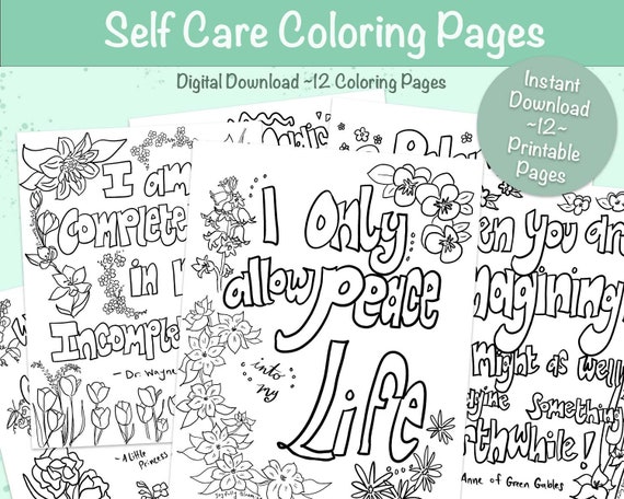 Self care printable coloring pages for managing mental health stress relief and self love instant download pdf affirmations