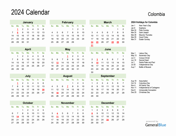 Colombia calendar with holidays