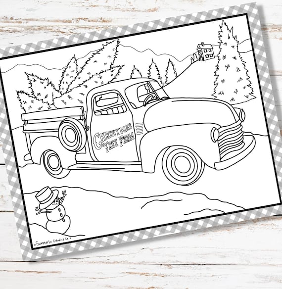 Christmas tree truck coloring page holiday pdf printable winter activity with farmhouse scene