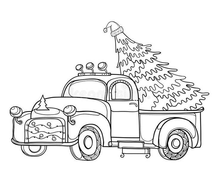 Vintage pickup truck with christmas tree and garland