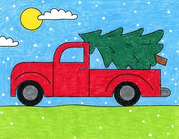 Easy how to draw a truck with a christmas tree tutorial