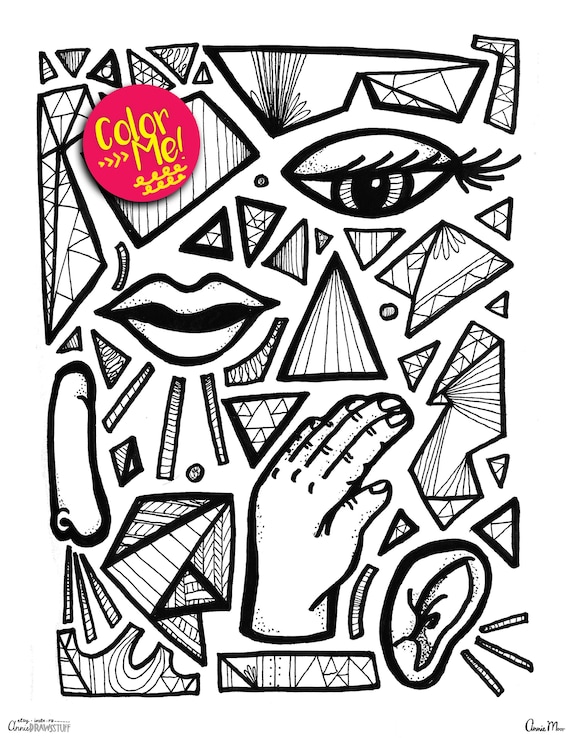 Instant download abstract face coloring page coloring pages download coloring pages kids five senses bold drawing coloring book