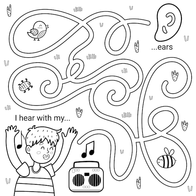 Premium vector i can hear with my ears black and white maze game for kids five senses labyrinth coloring page