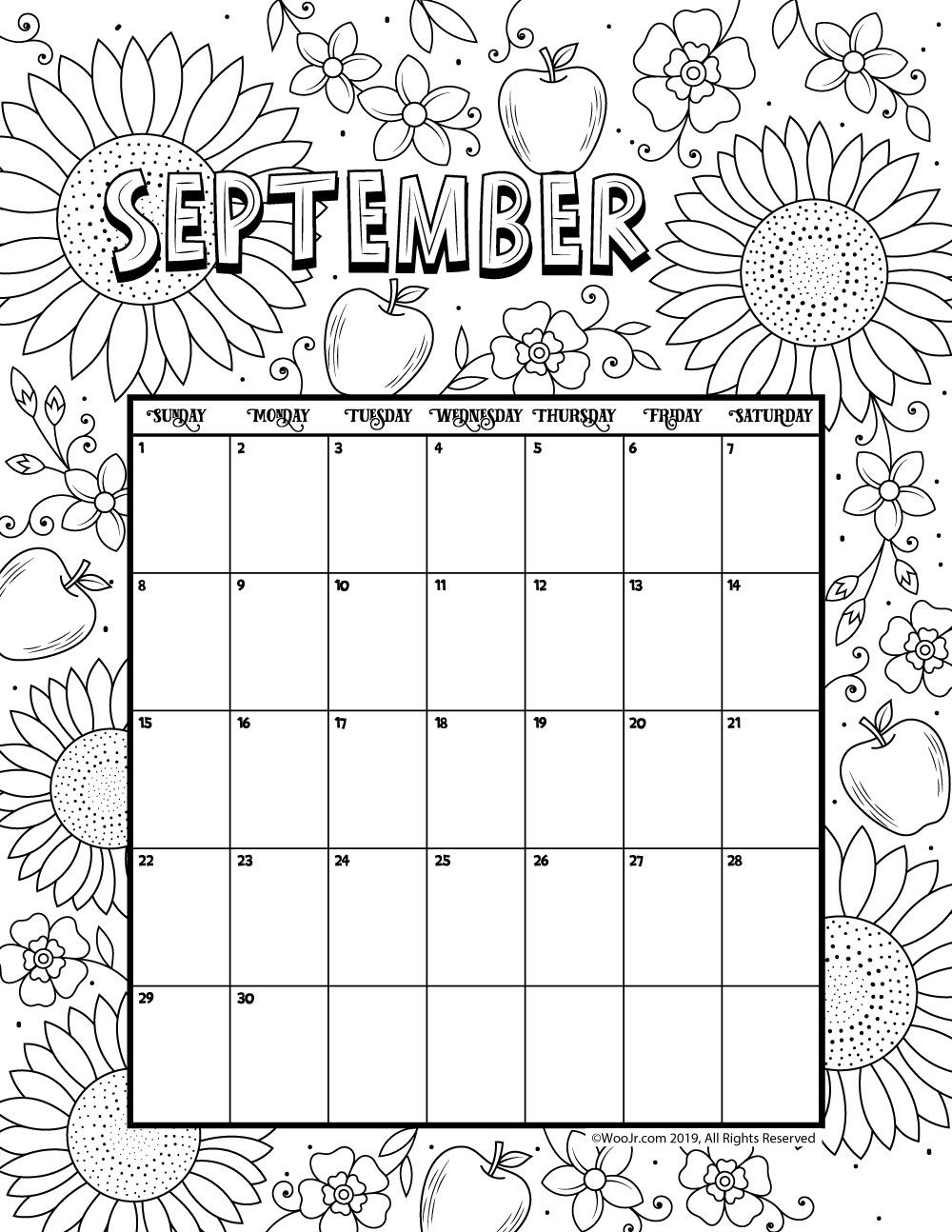 September coloring calendar woo jr kids activities childrens publishing coloring calendar calendar printables printable calendar template