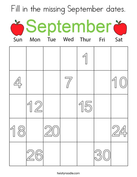 Fill in the missing september dates coloring page