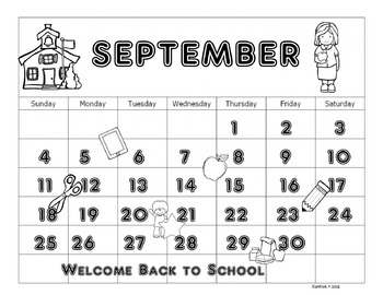 September calendar and back to school coloring page by kathya