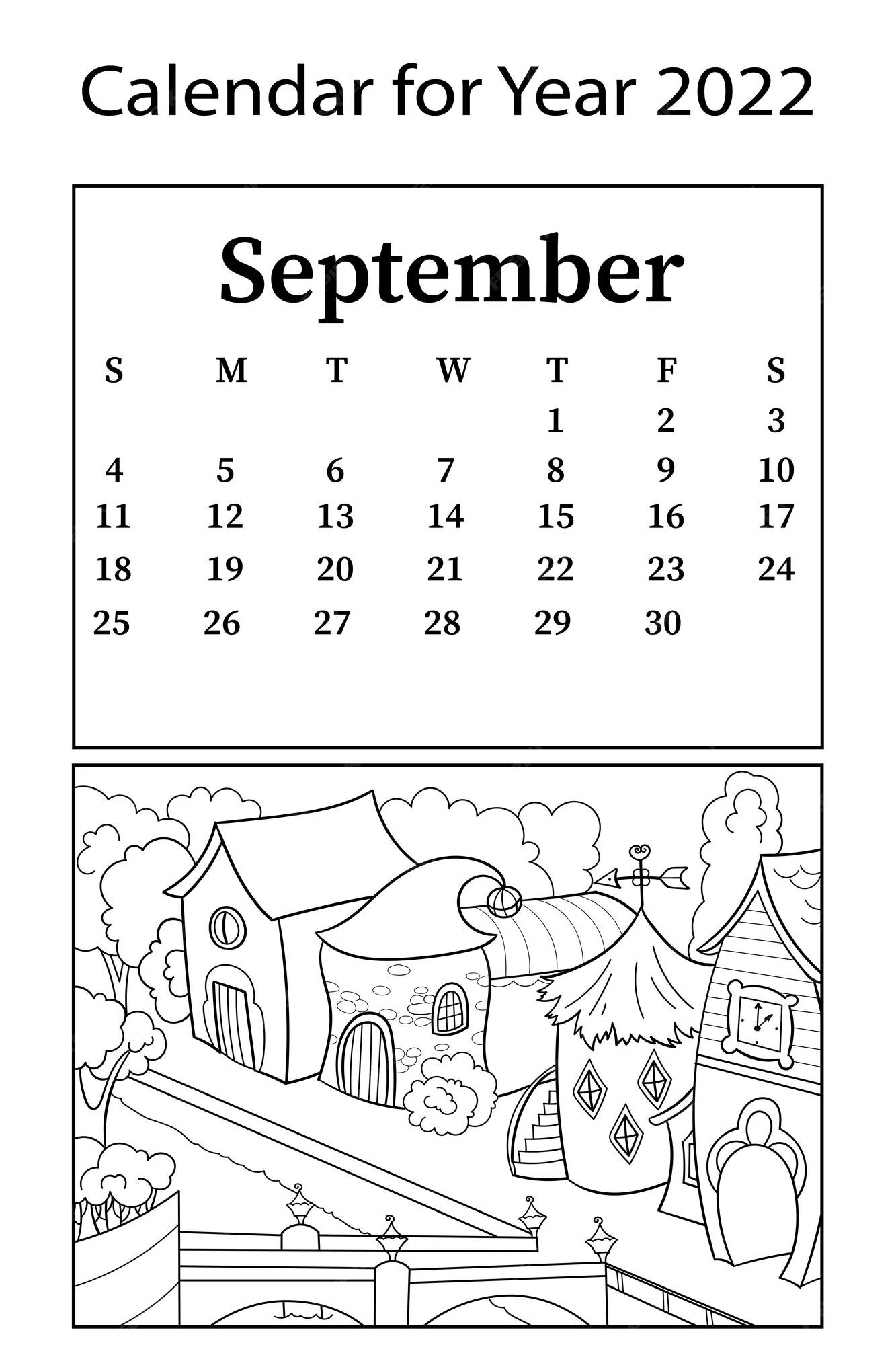 Premium vector calendar for month of september vector coloring book children houses for gnomes city street