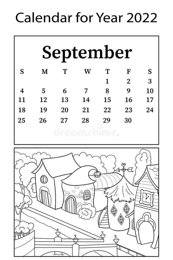 Calendar for month of september vector coloring book children houses for gnomes city street stock vector