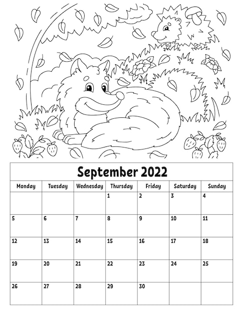 Premium vector vertical calendar for with a cute character coloring page for kids week starts on monday isolated vector illustration cartoon style