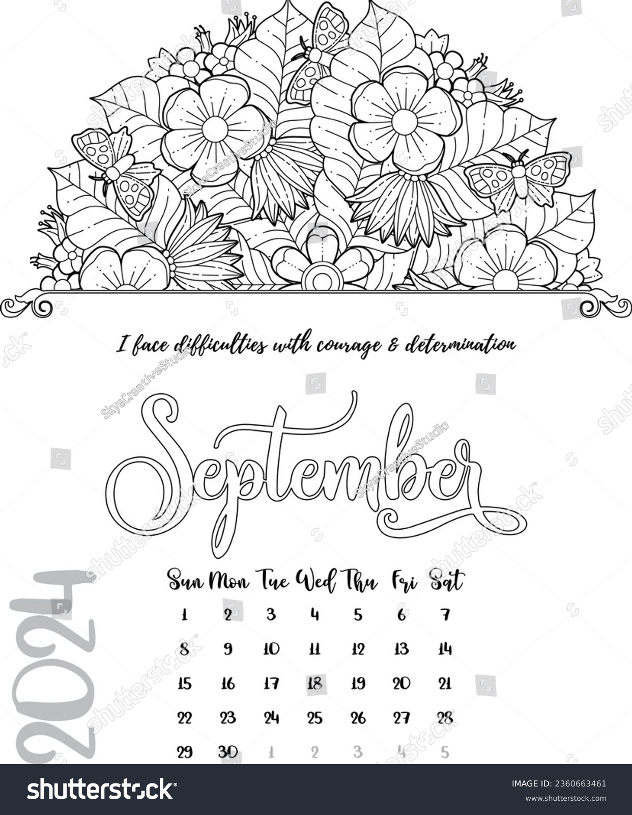 Mandala affirmation calendar coloring page september stock vector royalty free