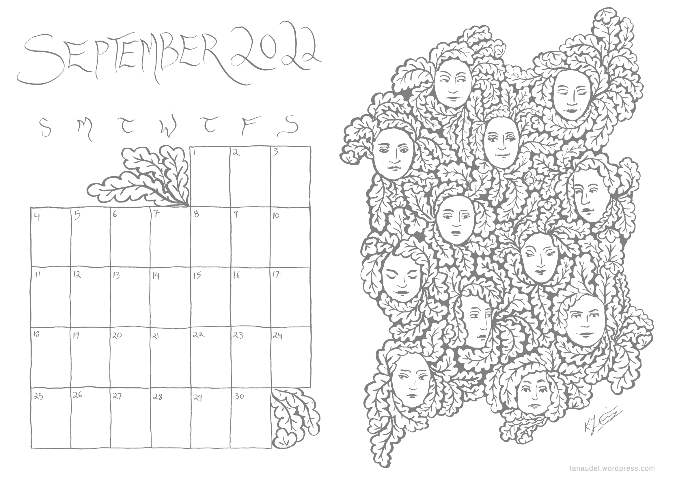 September calendar faces in the leaves kathleen jennings