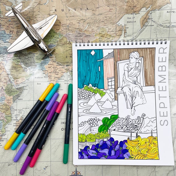 Digital download september coloring calendar travel