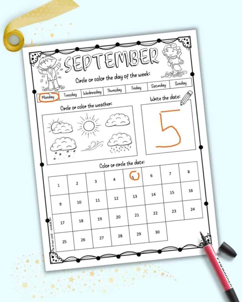 Free printable september calendar worksheet for kids