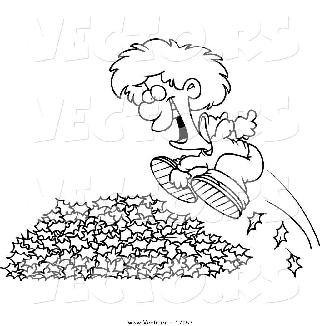 R of a cartoon little boy jumping in leaves