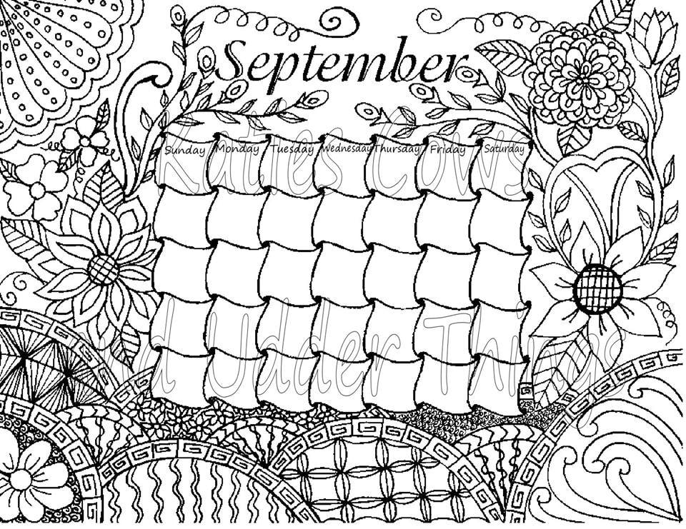 September doodled calendar coloring page