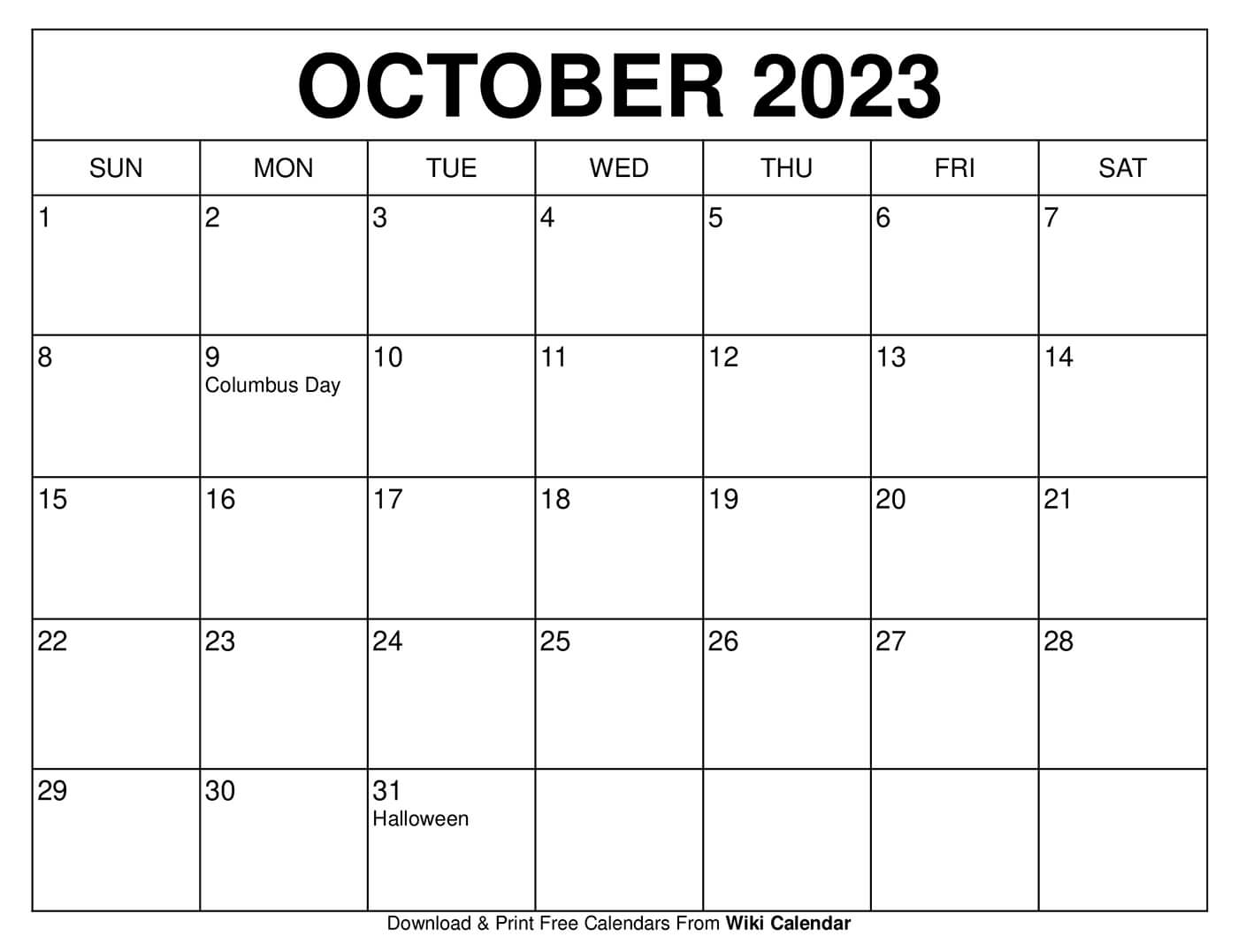 Printable october calendar templates with holidays