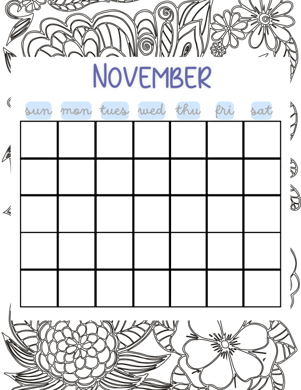 Free printable november coloring calendar coloring calendar printable coloring free calendar