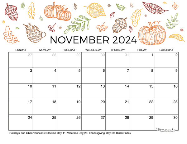 November calendar free printable with holidays