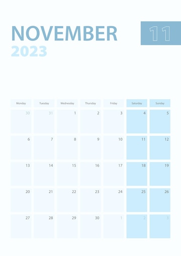 Premium vector vertical calendar page of november week starts from monday