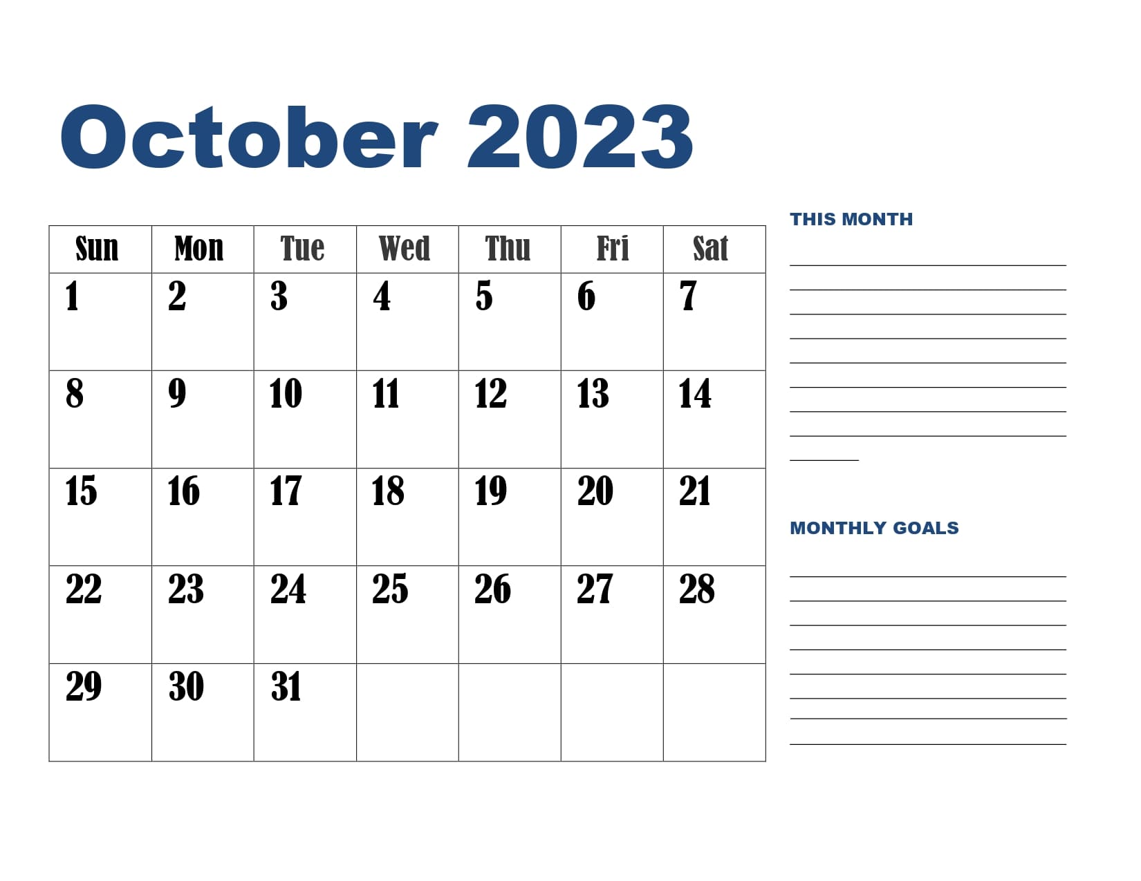 October calendar printable pdf templates free download