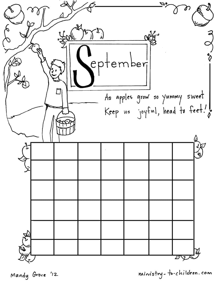 September coloring sheet calendar