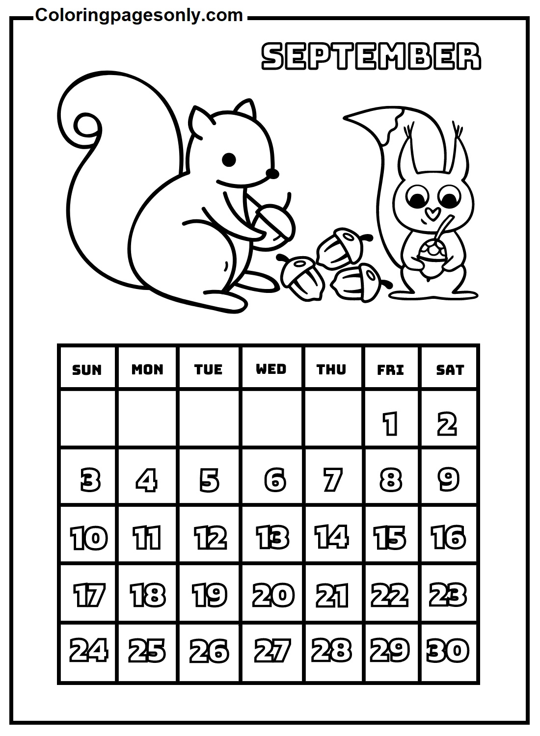 September calendar coloring page