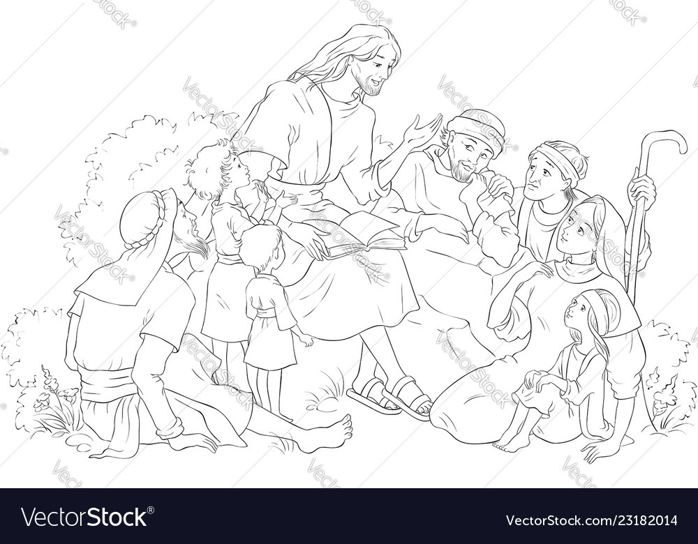 Jesus preaching to group people coloring page vector image