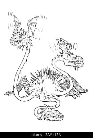 Three headed dragon coloring page outline illustration dragon drawing coloring sheet stock photo