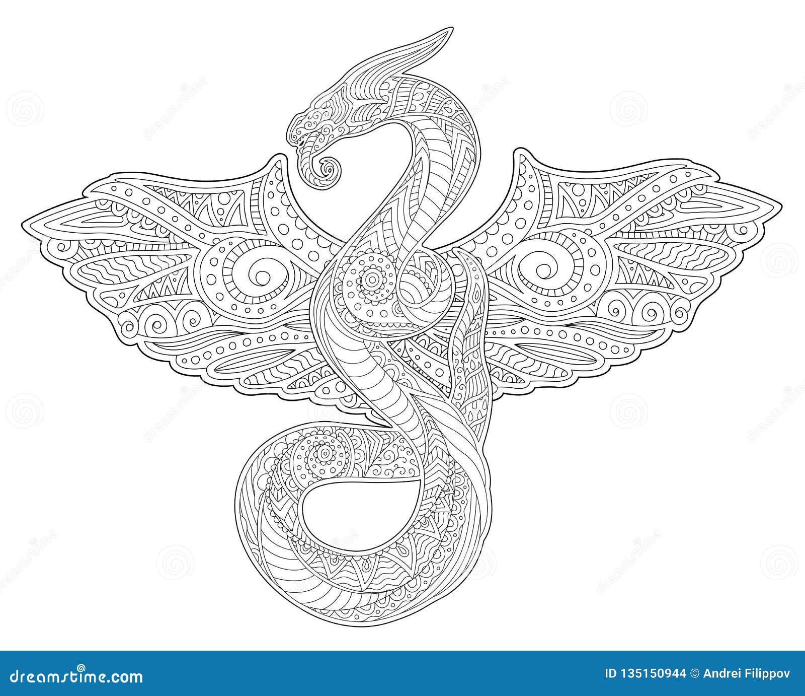 Adult coloring book art with snake and wings stock vector