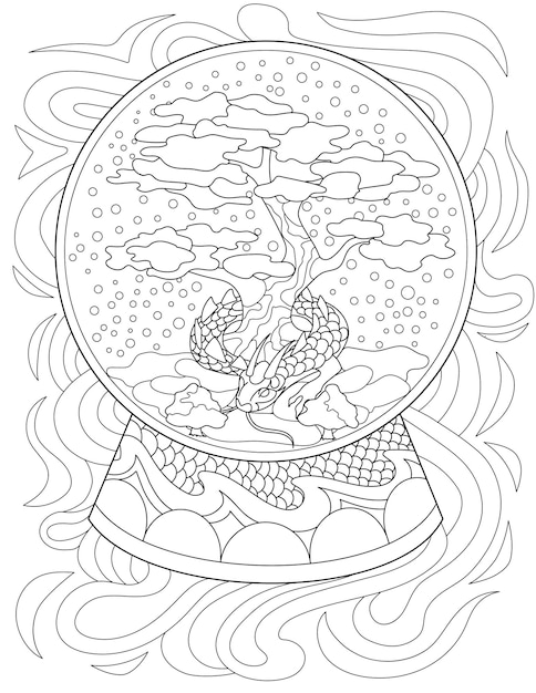 Premium vector coloring book with snow glass with dragon around bonsai inside sheet to be colored with snowing globe with trees and snake in decoration with mystical beast