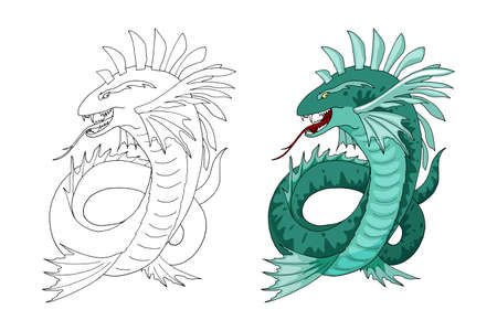 Cartoon sea serpent creature character vector clip art illustration hand drawn element isolated on white coloring book page design for kids and children sticker or game asset ù ùùø øªøµù ùù ù