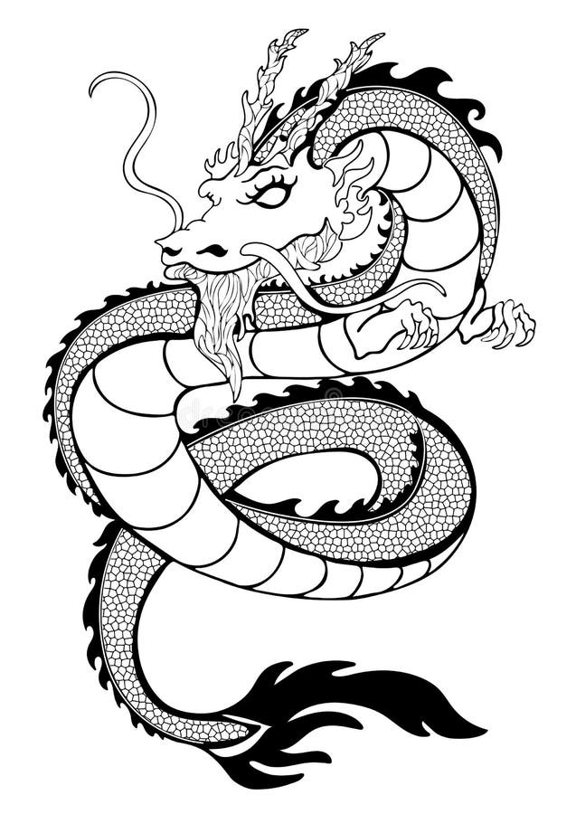 Dragon coloring decorative outline black and white drawing print tattoo sketch silhouette hand drawing snake with patterns an stock vector