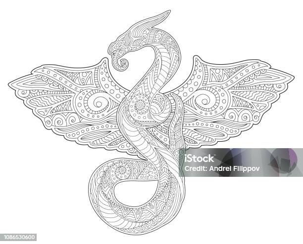 Adult coloring book art with snake and wings stock illustration