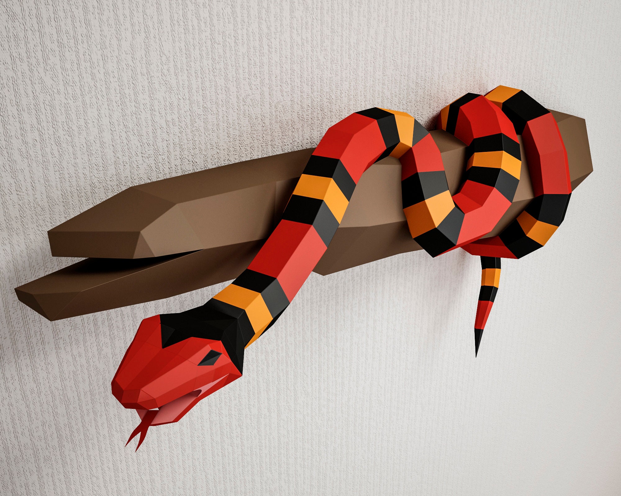 Papercraft snake on a branch scarlet king snake paper craft d model pdf template wall decor low poly animal serpent viper coral snake