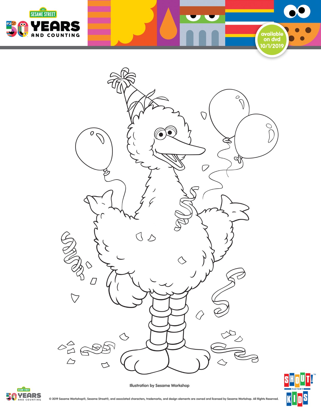 Free printable big bird birthday coloring page
