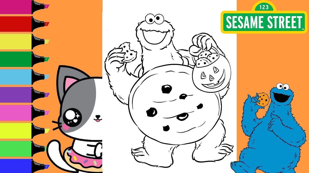 Coloring sesame street cookie monster as giant cookie coloring book pages sprinkled donuts jr